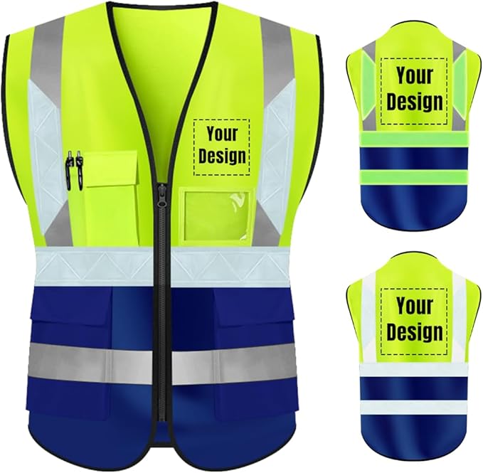 YOWESHOP High Visibility Safety Vest Custom Your Logo Protective Workwear 5 Pockets With Reflective Strips Outdoor Work Vest (3XL, Yellow Navy Luminous)