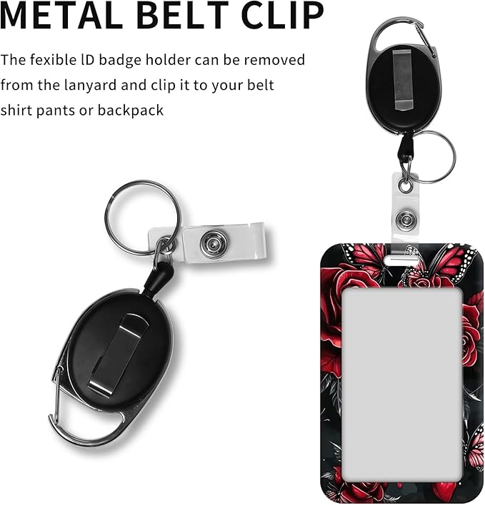 ID Badge Holder with Retractable Lanyard for Women & Men,Vertical ID Card Holder Wallet,Clear Window&Card Slot,Detachable Neck Strap for Nurse Teacher Office,Skull Roses