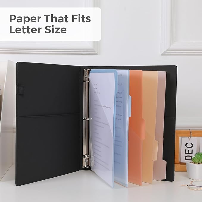 SKYDUE Clipboard Binder with Refillable Notepad, PU Clipboard Folder Includes 5 Dividers with 10 Pockets, Labels, 3 Ring Binder 1 Inch for School Office (Fit Letter Sized Paper), Black
