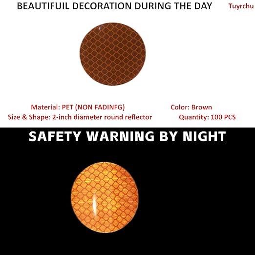 Non Fading Brown Reflective Stickers 2-inch Diameter Round Reflector, Outdoor Waterproof High Visibility Warning Adhesive Tape (100 Pcs)