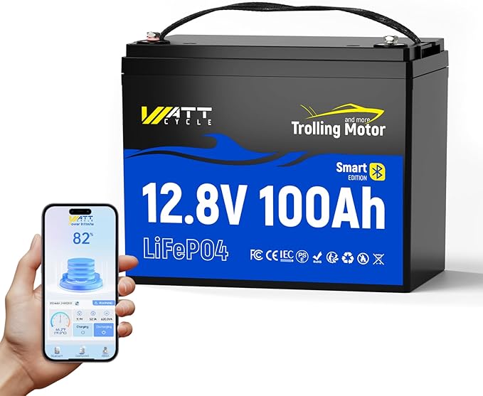 WattCycle 12V 100Ah Lithium Battery, LiFePO4 Battery 12V 120A BMS, IP67 Marine Batteries for Trolling Motor, Built-in Bluetooth, Monitor, Mobile APP, Perfect for Boat, Marine, RV, Home Energy, Solar