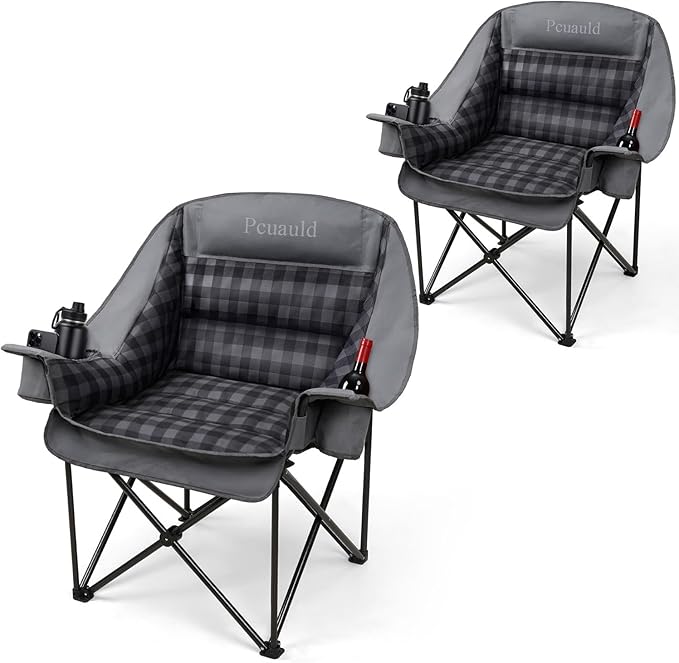 2 Pack Oversized XL Camping Chair for Adults, Heavy Duty Padded Folding Camp Chairs with Cup Holder, Supports 500lbs, Large Outdoor Widen Comfy Lawn Chairs for Tailgating Sports Beach Yard