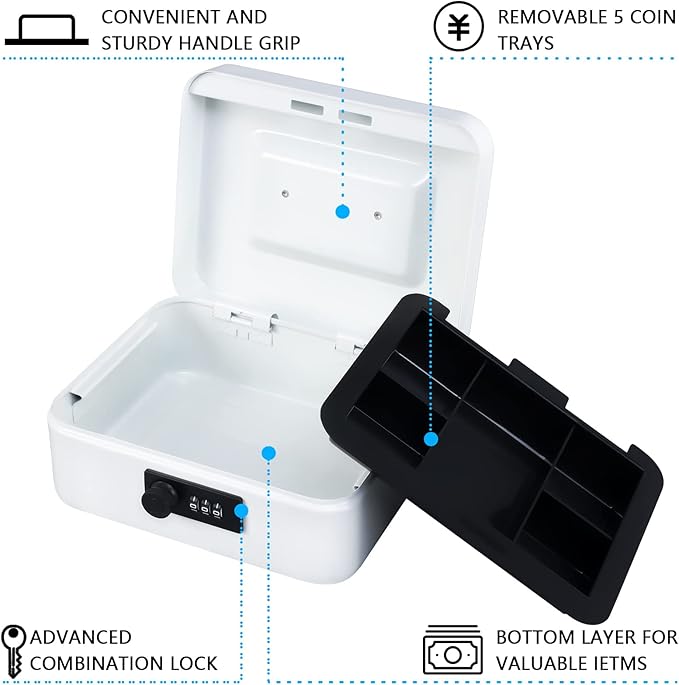 KYODOLED Cash Box with Combination Lock,Safe Metal Box for Money,Storage Lock Box with Money Tray,7.87"x 6.30"x 3.54" White Medium