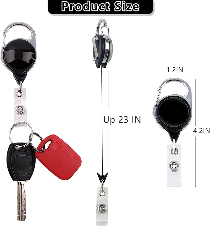 Black Retractable Badge Holder with Carabiner Clip, Durable ID Card Holder Reel for Work, School, Events, Office, Hospital, Simple Card Sleeve for Men, Teacher, Women