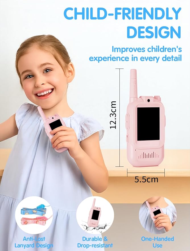 Walkie Talkie for Kids with Video: 2 Pack Rechargeable Toddler Toys with HD Camera & Voice Changer, Long Range Gift Toys for Boy & Girl Age 3-8 for Outdoor Play, Camping (Pink-Blue)