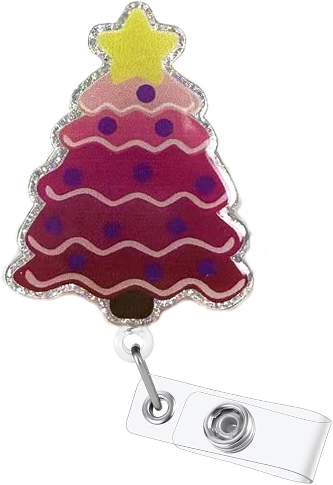 Winter Pink Christmas Tree Badge Reel Retractable, Nurse Doctor Badge Clip with 24” Durable Nylon Cord Polka Dot Star Xmas Badge Holder for Nursing RN CNA LPN Medical Worker Name Tag Decor