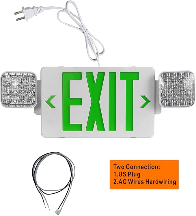 TANLUX Green Exit Sign with Emergency Lights, LED Exit Light - Battery Backup, UL Listed, AC 120/277V - Corded Commercial Emergency Light Combo