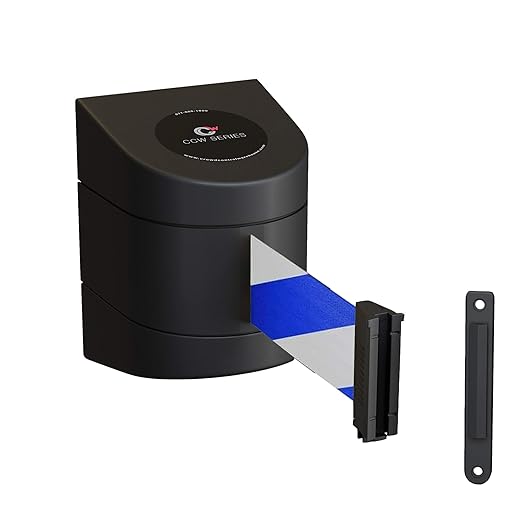 Crowd Control Warehouse - CCW Series WMB-220 Fixed Wall Mount Retractable Belt Barrier - 15 Foot, Blue and White Diagonal Belt with Black ABS Case