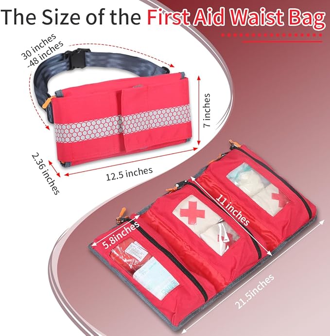 Empty First Aid Waist Bag Molle Medical Pouch with Belt, EMS Fanny Pack with Three-piece System,IFAK Medical Bag for Camping,Hiking or Traveling (Red)