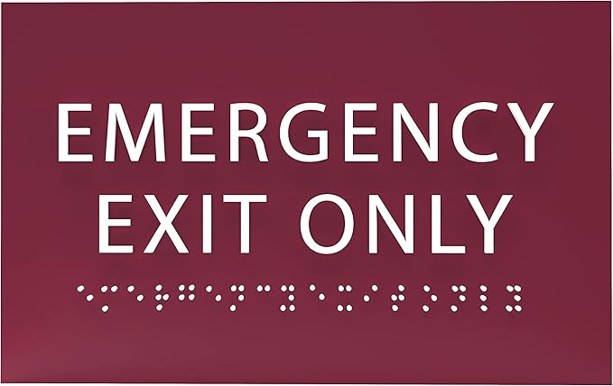 6" X4" Emergency Exit Only Sign - ADA Compliant Tactile Graphics Grade 2 Braille Text Prohibition Sign | Wall Mount Plastic Emergency Safety Restriction Sign for Business & Office