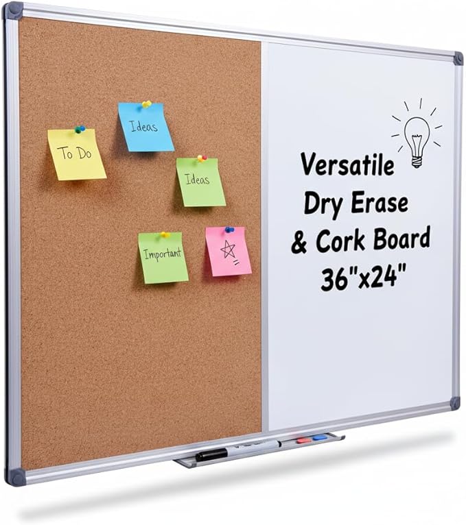 Magnetic Combination Whiteboard & Cork Bulletin Board, 36 x 24 Inch-Dual Surface Combo Board for Home Office Organization, Kitchen Meal Planning & School Study-Silver Aluminum Frame