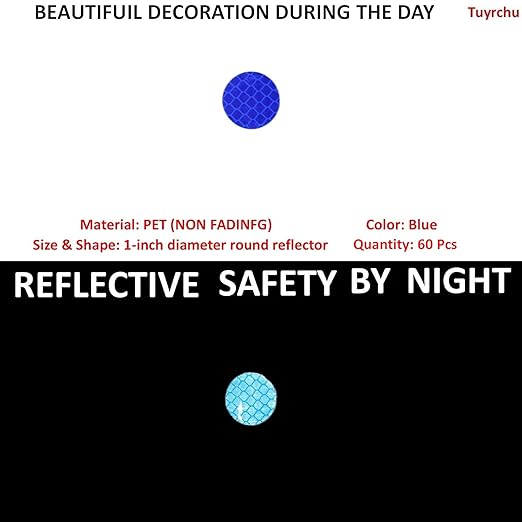 Blue Reflective Stickers 1-inch Diameter Round Reflector, Outdoor Waterproof High Visibility Warning Adhesive Tape (60 Pcs)