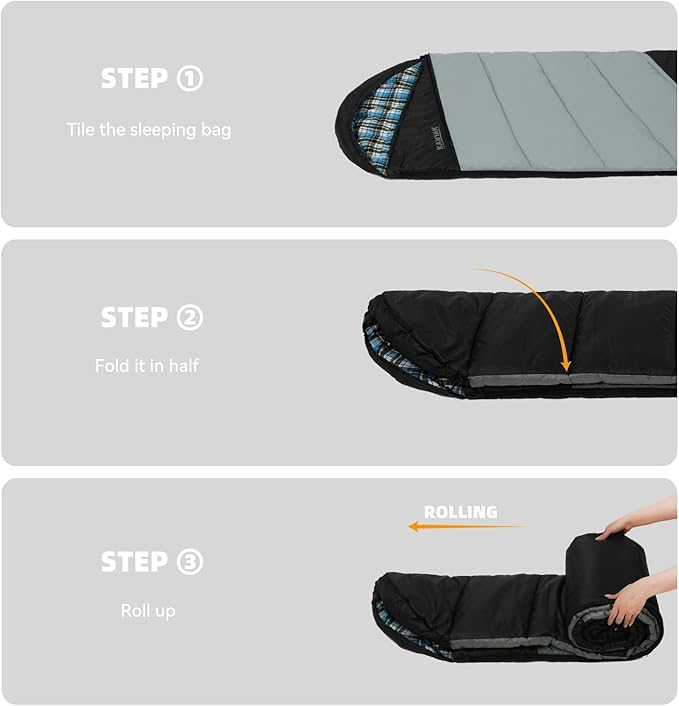 Cotton Flannel Lined Sleeping Bag for Adults Teens Kids, Cold Weather & Warm, 3 Seasons, Lightweight Compact Camping Essentials Equipment, Hiking, Outdoor, Travel