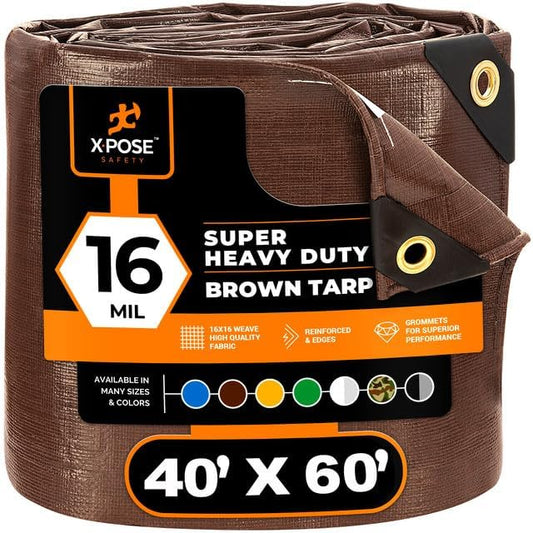 40' x 60' Super Heavy Duty 16 Mil Brown Poly Tarp Cover - Thick Waterproof, UV Resistant, Rip and Tear Proof Tarpaulin with Grommets and Reinforced Edges - by Xpose Safety