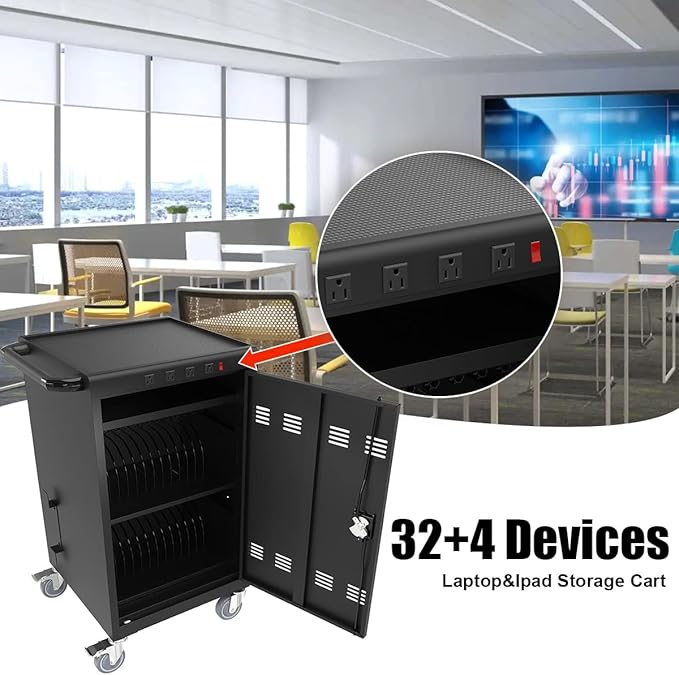 36-Device Mobile Charging Cart with Charging Power Strip and Front and Rear Access Locks, Cable Management, Up to 17"", Safe Charging Cabinet for Ipads, Chromebooks, Tablets, Laptops Black