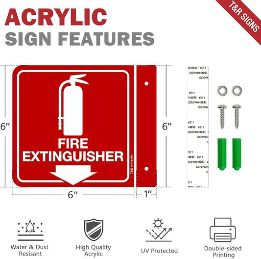 T&R Fire Extinguisher Sign, Fire Extinguisher with Down Arrow - 4 Pack - 6 x 6 Inches Acrylic, 2 pre-drilled holes, Includes Matching Screws, Use for Home Office/Business