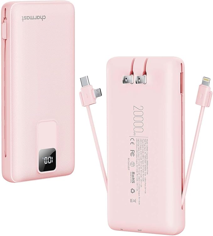 charmast Portable Charger with Built-in Cables and Wall Plug, 20000mAh 20W USB C Power Bank Fast Charging Battery Pack Travel Essentials Compatible with iPhone 16/15/14/13 Series, Samsung Google iPad