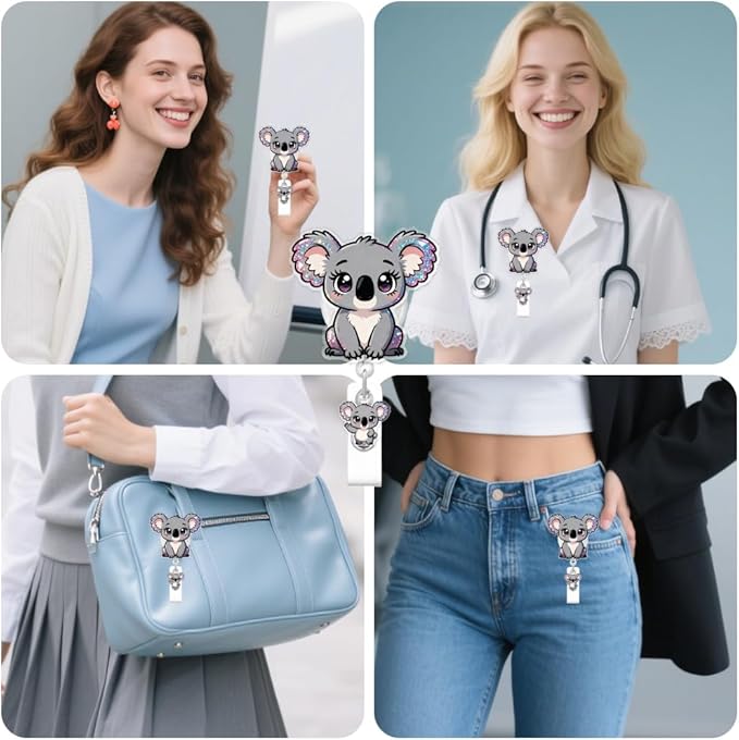 Cute Koala Badge Reel for ID Card, Funny Koala Retractable Nurse Alligator Clip Badge Reel for Women, ID Name Tag Badge Holder for Office School Hospital Nurses Doctors Teachers