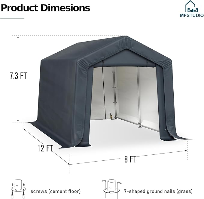 MFSTUDIO 8x12 Storage Sheds, Outdoor Shades Portable Storage Shelter Garage with Rolled up Zipper Doors, Heavy Duty Garages Carport Tent for Motorcycle, Bicycles and Outdoor Tools