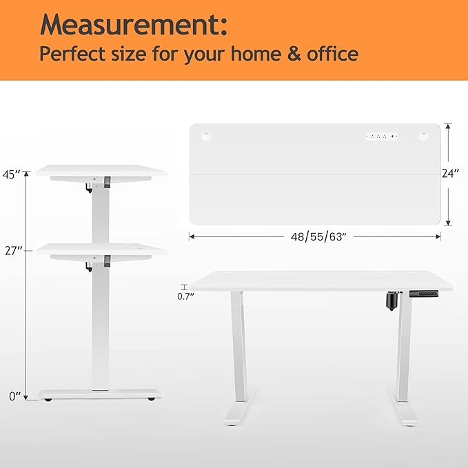 Electric Standing Desk, 48x24in Adjustable Height Computer Desk with Wheels, Sit-Stand Desk with Charging Station, 2 USB Ports, 3 Power Outlets, Spacious Workstation for Home Office(White)