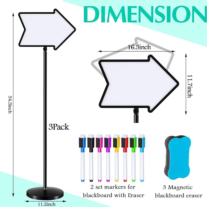 Lincia 3 Pack Dry Erase Board Arrow Sign Stand Adjustable Holder Floor Signs 11.7 x 16.5 Inch Dual Sided with Heavy Duty Pedestal for Indoor Outdoor Hotel School