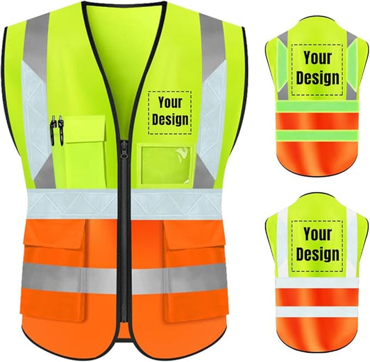 YOWESHOP High Visibility Safety Vest Custom Your Logo Protective Workwear 5 Pockets With Reflective Strips Outdoor Work Vest (4XL, Yellow Orange Luminous)