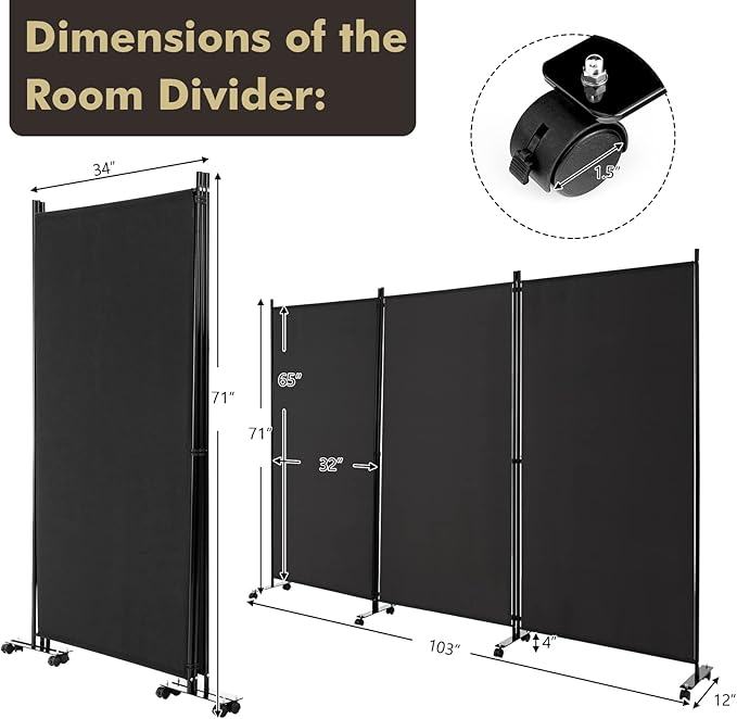 Giantex 3 Panel Room Divider with Wheels, 103''W x 71''H Folding Privacy Screen, Rolling Partition Room Dividers for Home Office Studio, Freestanding Fabric Wall Divider for Room Separation, Black