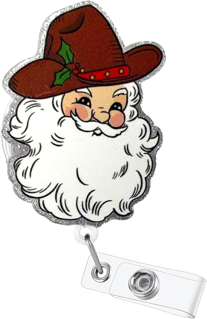 Cowboy Santa Claus Badge Reel Christmas Badge Holder with Retractable Alligator Clip Nurse Nursing Badge Reels for RN CNA LPN Medical Worker Name Tag Decor | with 24” Durable Nylon Cord