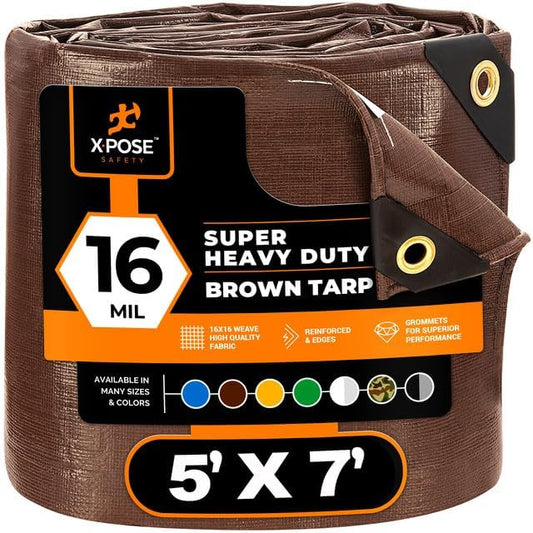 5' x 7' Super Heavy Duty 16 Mil Brown Poly Tarp Cover - Thick Waterproof, UV Resistant, Rip and Tear Proof Tarpaulin with Grommets and Reinforced Edges - by Xpose Safety