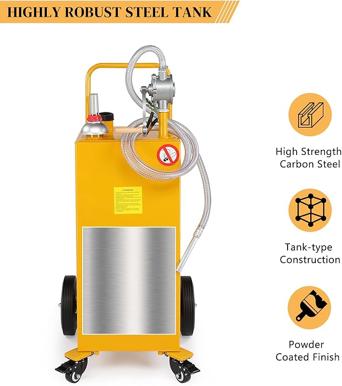AutoForever 30-Gallon Oil Transfer Fluid Diesel Fuel Storage Tanks Gas Caddy Storage Diesel Kerosene Storage Containers with Rolling Flat-Free Solid Rubber Wheels for Boat, ATV, Car, Motorcycle Yellow