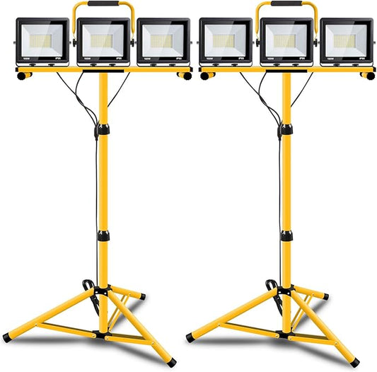 22000 Lumen Work Lights with Stand, 3 Adjustable Head LED Work Light, with Adjustable and Foldable Tripod Stand, Waterproof Lamp with Individual Switch with 6500 Kelvin Color Temperature 2Pack