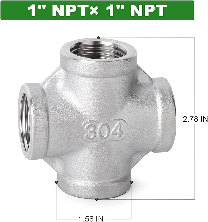 TAISHER 1PCS Stainless Steel 4 Way Pipe Fittings, 1" x 1" x 1" x 1" NPT Female Pipe Fittings