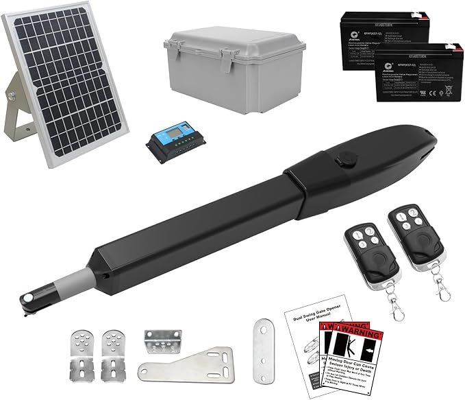 JUJIANG C026 Solar Gate Opener with Batteries & Solar Panel for Single Swing Gates Up to 770lb 16FT Automatic Gate Openers with Remote Complete Kit Medium Duty Automatic Gate Openers Solar Powered