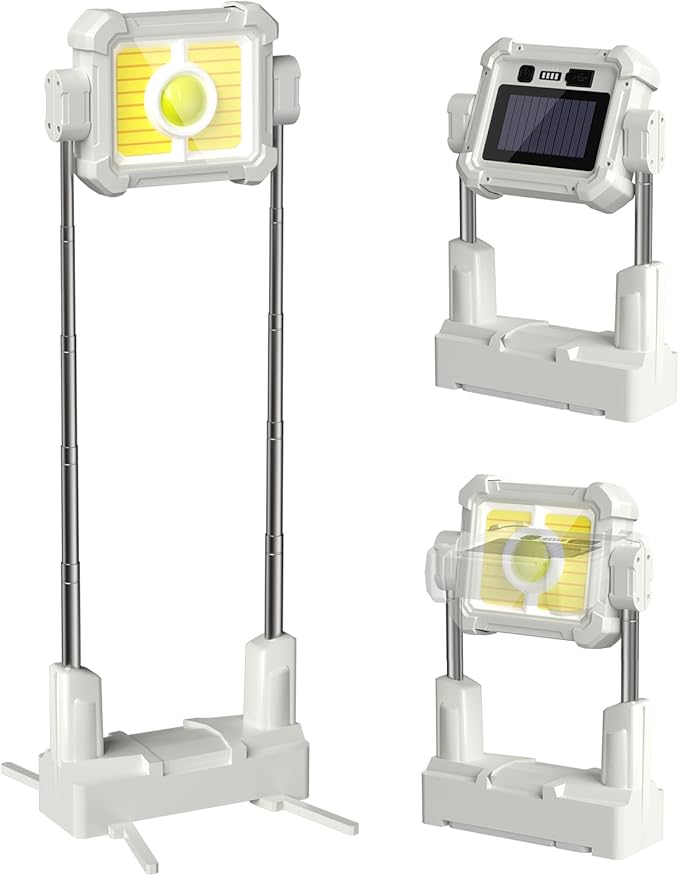 Solar Rechargeable Work Light -10000 Lumen Portable Led Work Light with Stand, Height Adjustable, 5 Modes Tripod Mechanic Construction Lights for Outdoor Indoor, Waterproof Lighting, Garage Car Repair