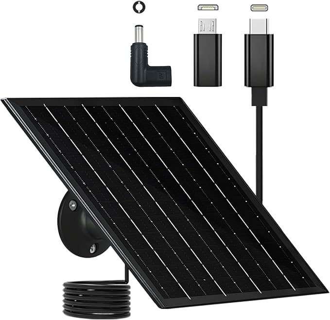 6W 5V Solar Panels for Security Cameras Type-C Micro USB C DC Port Solar Panel 5V Compatible with Recharged Battery Cameras Outdoor IP65 Waterproof 360° Adjustable Mount 9.8ft Cable 1 Black