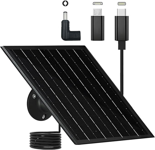 6W 5V Solar Panels for Security Cameras Type-C Micro USB C DC Port Solar Panel 5V Compatible with Recharged Battery Cameras Outdoor IP65 Waterproof 360° Adjustable Mount 9.8ft Cable 1 Black