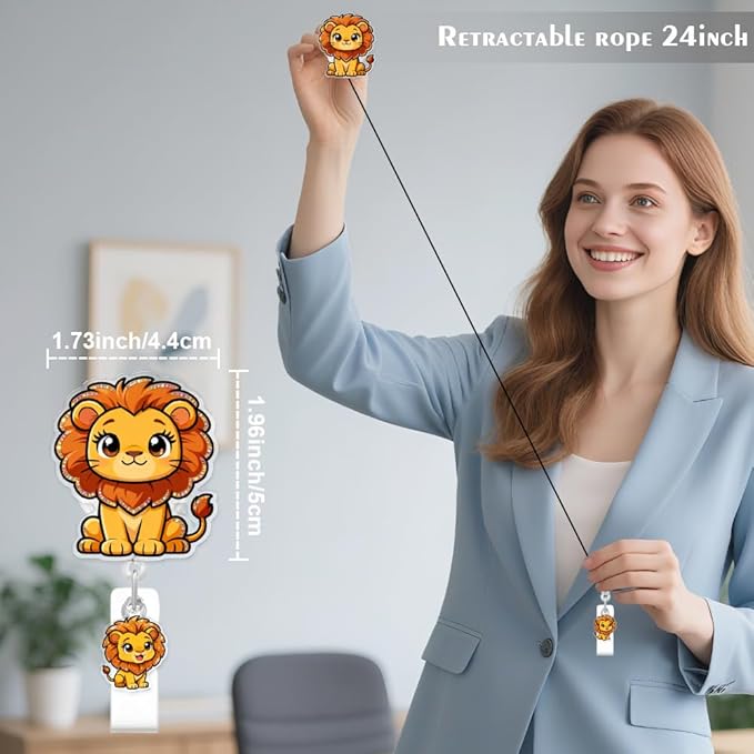 Cute Lion Badge Reel for ID Card, Funny Animal Lion Retractable Nurse Alligator Clip Badge Reel for Women, ID Name Tag Badge Holder for Office School Hospital Nurses Doctors Teachers
