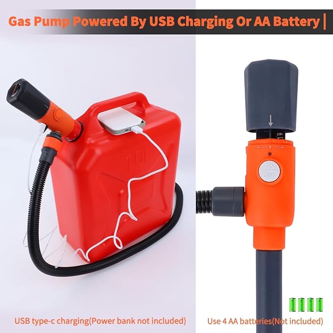 Portable Fuel Pump for Gasoline, Fuel Transfer Pump Powered By USB Charging or AA Battery, 2.8 GPM Gas Can Pump, Telescoping Gas Can Pump Battery Operated, 51" Transfer Hose, Leak-proof, Siphon Pump