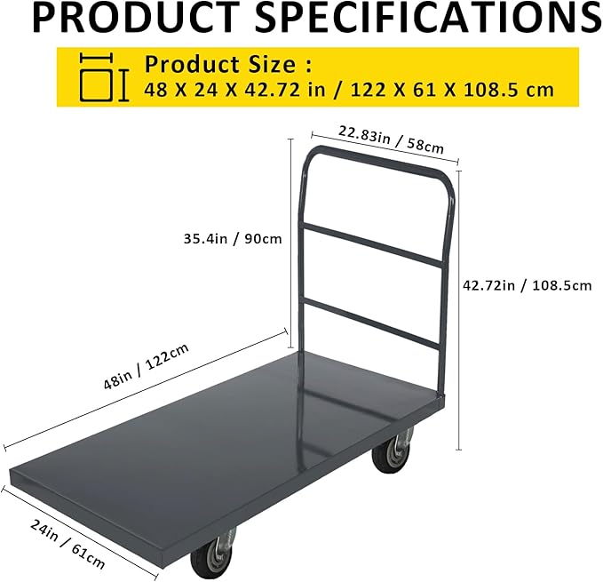 Heavy Duty Platform Truck Moving Flatbed Cart, 24"x48"Push Dolly, 2000 LBS Dolly Cart Flatform with Wheels and Handle, Steel Flatbed Cart for Luggage Moving, Shopping