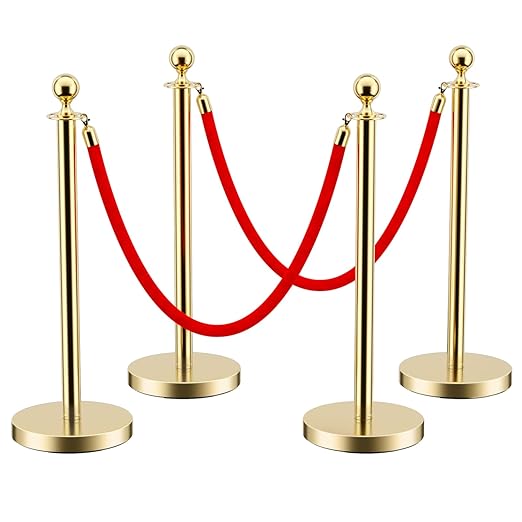 LOVMOR Stainless Steel Stanchion Post, 5 FT Red Carpet Ropes and Poles, 4 pcs Gold Stanchions with Red Rope, Hollow Base and Velvet Ropes Safety Barriers Set, Carpet Runner for Party