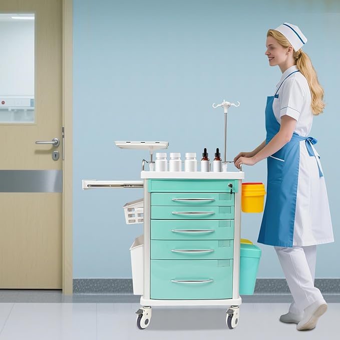 Rolling Crash Cart with Drawers & Adjustable IV Pole, Silent Casters, Needle Disposal Holder, Trash Bin, O2 Holder, Utility Trolley Cart for Clinic, Hospital, Salon, Lab, Load 176 Lbs (Green)