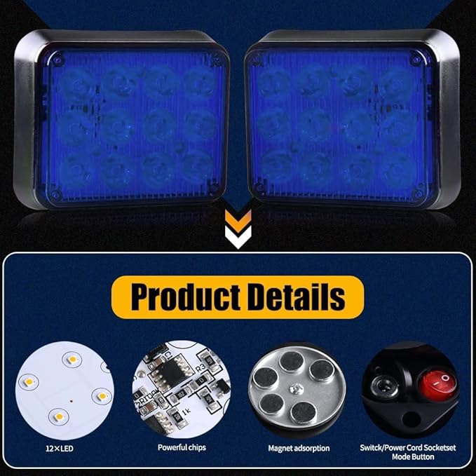 2PCS LED Wireless Magnetic Strobe Lights LED Blue Beacon Warning Emergency Light, Waterproof Surface Mount Flashing Rechargeable Strobe Light for 12V-24V Trucks Vehicles Police Cars ATV SUV
