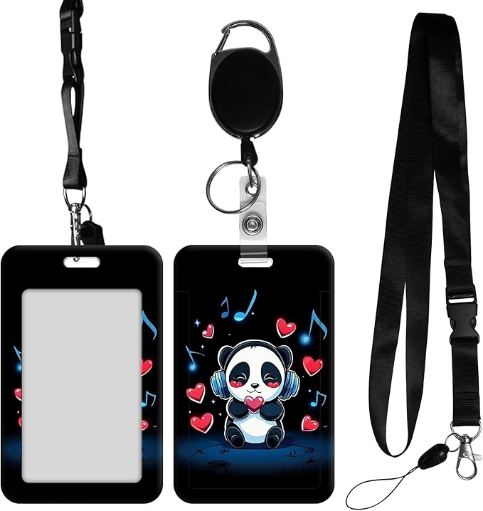 ID Badge Holder with Retractable Lanyard for Women & Men,Vertical ID Card Holder Wallet,Clear Window&Card Slot,Detachable Neck Strap for Nurse Teacher Office,Cute Pandas