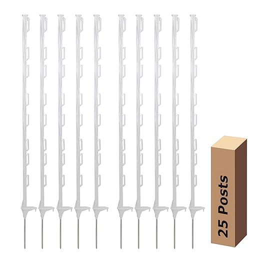 25 Pack Electric Fence Posts, 48 Inch Plastic Step in Fence Post, Temporary Fence Posts for Farm Protection and Livestock, White