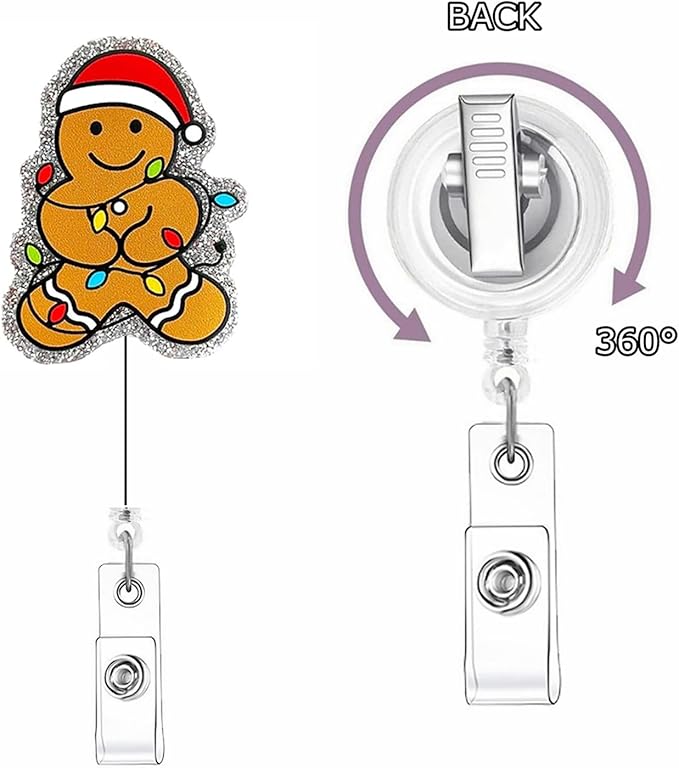 Gingerbread Man Badge Reel Glitter Christmas Badge Holder Retractable ID Name Tag Xmas Badge Reels Gingerbread Man Light String Christmas Acrylic Alligator Badge Clip for Doctor Nurse Office Staff