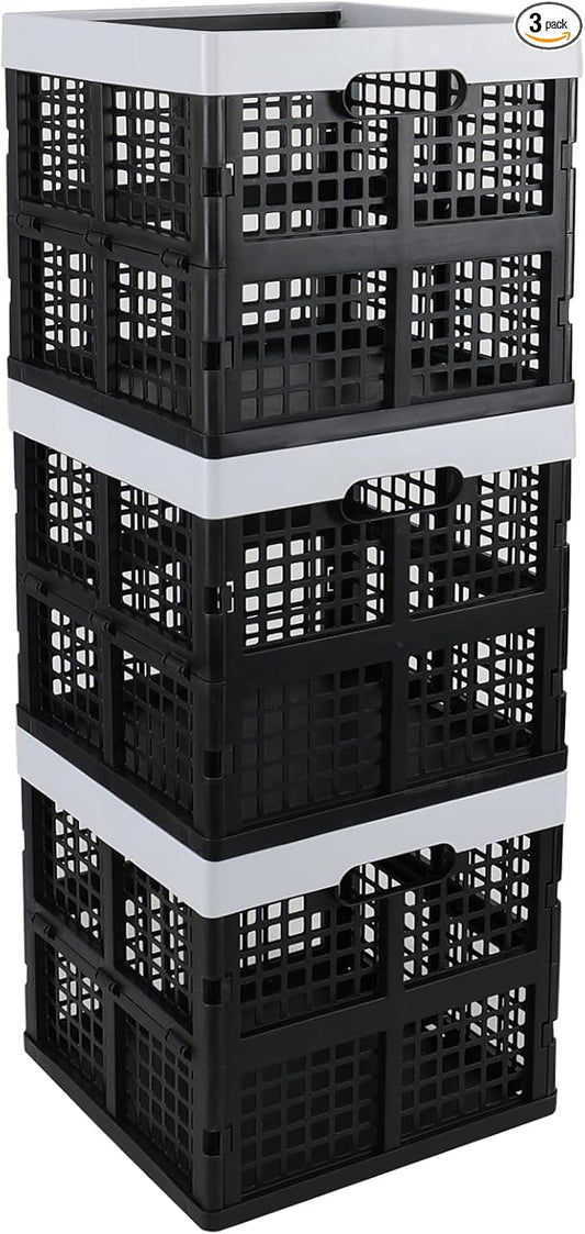 18 L Collapsible Storage Crate, 3 Pack Plastic Stackable Storage Milk Crates, Black, F
