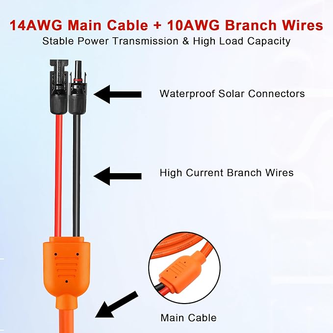 XRDS -RF Solar Extension Cable 50FT, 14AWG Tinned Copper with Solar Panel Connectors, 10AWG Red & Black Branch Wires, Heavy Duty Outdoor Power Cord for RV, Inverter, Generator, Off-Grid System