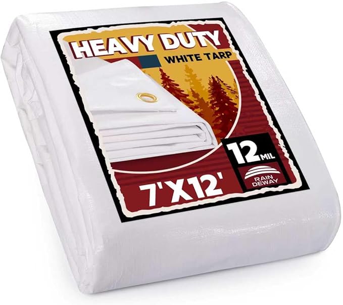12 Mil Heavy Duty White Tarps 7' X 12', Extra Thick,Durable,Waterproof, UV Resistant, Weatherproof Poly Tarp,with Metal Grommets and Reinforced Edge (Finished Size)-by Raindeway