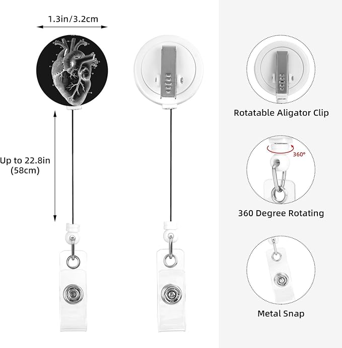 Heart Anatomical Cardiologist Badge Reels Retractable Badge Holder with Clip for Id Name Tag Office Worker Student Teacher Nurse Doctor