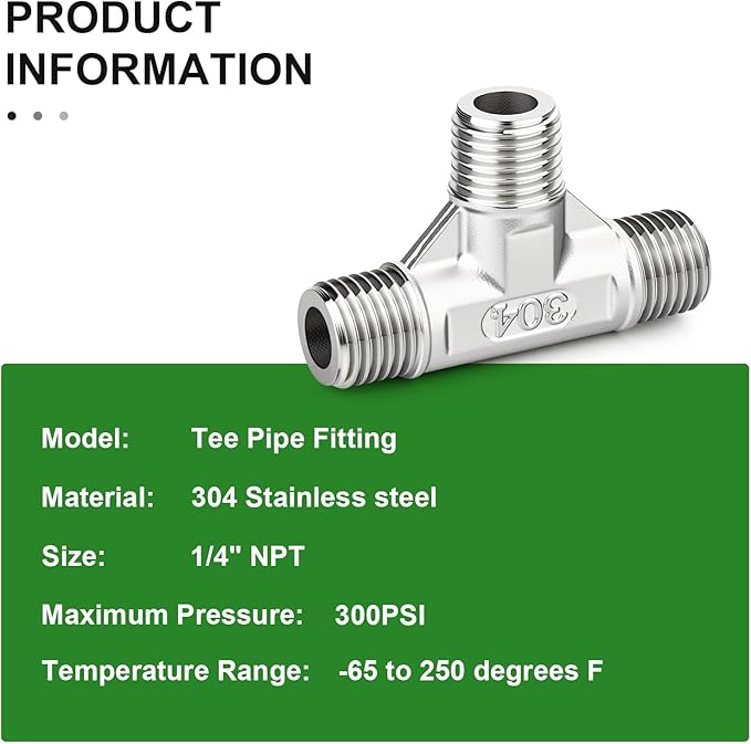 TAISHER 5PCS 304 Stainless Steel Tee Pipe Fittings, 1/4" x 1/4" x 1/4" NPT Male Pipe Fittings